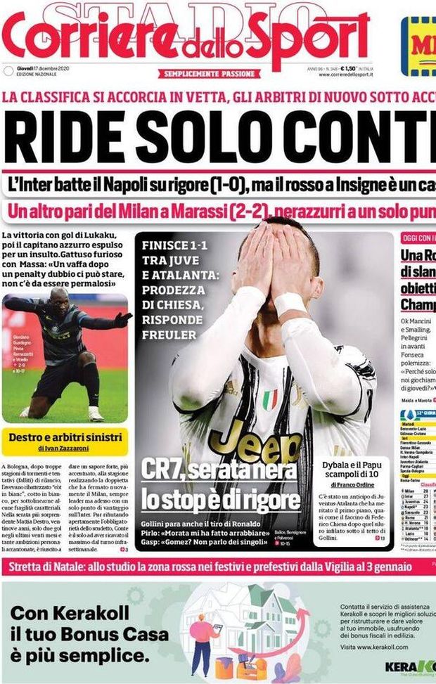  Corriere dello Sport, la prima pagina di oggi, giovedì 17 dicembre 2020 