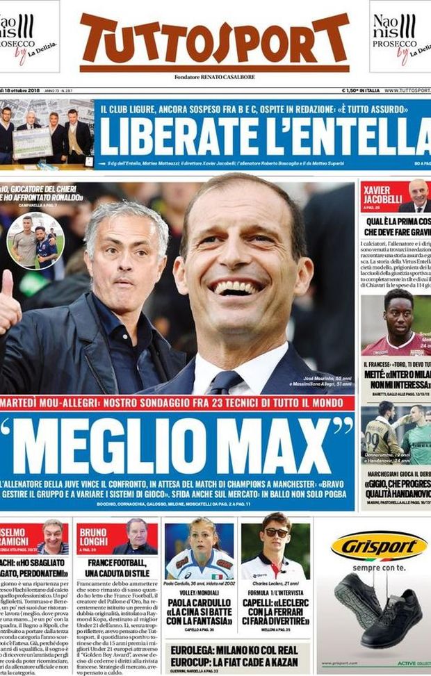 Prima Pagina, Tuttosport: “Meglio Max. Liberate l’Entella. Marchegiani gioca il derby…” Prima Pagina, Tuttosport: “Meglio Max. Liberate l’Entella. Marchegiani gioca il derby…”