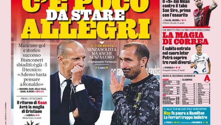 Prima Pagina, La Gazzetta dello Sport: “C’è poco da stare Allegri” Prima Pagina, La Gazzetta dello Sport: “C’è poco da stare Allegri”