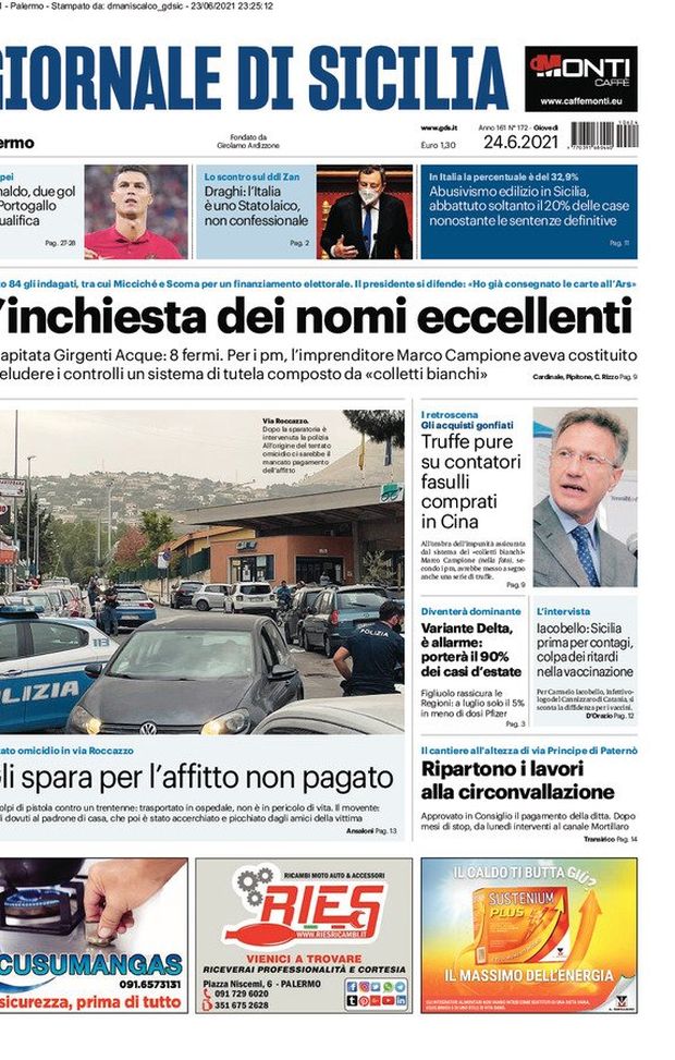 Prima Pagina, Giornale di Sicilia: “L’inchiesta dei nomi eccellenti. Variante Delta, è allarme” Prima Pagina, Giornale di Sicilia: “L’inchiesta dei nomi eccellenti. Variante Delta, è allarme”