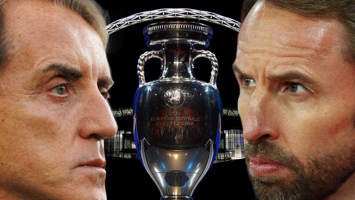 FILE PHOTO (EDITORS NOTE: COMPOSITE OF IMAGES - Image numbers 73035843, 501106374, 1321800361,1137620496) In this composite image a comparison has been made between Head coach Italy Roberto Mancini (L) and Gareth Southgate, manager of England. Italy and England will meet in the UEFA Euro 2020 Championship Final on July 11,2021 at Wembley Stadium in London, England. ***BACKGROUND IMAGE*** LONDON - JANUARY 17: A general view of Wembley Stadium at night on January 17, 2007, in London, England. (Photo by Julian Finney/Getty Images) ***LEFT IMAGE*** BOLOGNA, ITALY - JUNE 04: Head coach Italy Roberto Mancini looks on during the international friendly match between Italy and Czech Republic at on June 04, 2021, in Bologna, Italy. (Photo by Claudio Villa/Getty Images) ***CENTER IMAGE*** PARIS, FRANCE - DECEMBER 12: The UEFA European Championship trophy is displayed during the UEFA Euro 2016 Final Draw Ceremony at Palais des Congres on December 12, 2015, in Paris, France. (Photo by Laurence Griffiths/Getty Images) *** RIGHT IMAGE*** LONDON, ENGLAND - MARCH 22: Gareth Southgate manager of England looks on prior to the 2020 UEFA European Championships Group A qualifying match between England and Czech Republic at Wembley Stadium on March 22, 2019, in London, United Kingdom. (Photo by Clive Rose/Getty Images) FILE PHOTO (EDITORS NOTE: COMPOSITE OF IMAGES - Image numbers 73035843, 501106374, 1321800361,1137620496) In this composite image a comparison has been made between Head coach Italy Roberto Mancini (L) and Gareth Southgate, manager of England. Italy and England will meet in the UEFA Euro 2020 Championship Final on July 11,2021 at Wembley Stadium in London, England. ***BACKGROUND IMAGE*** LONDON - JANUARY 17: A general view of Wembley Stadium at night on January 17, 2007, in London, England. (Photo by Julian Finney/Getty Images) ***LEFT IMAGE*** BOLOGNA, ITALY - JUNE 04: Head coach Italy Roberto Mancini looks on during the international friendly match between Italy and Czech Republic at on June 04, 2021, in Bologna, Italy. (Photo by Claudio Villa/Getty Images) ***CENTER IMAGE*** PARIS, FRANCE - DECEMBER 12: The UEFA European Championship trophy is displayed during the UEFA Euro 2016 Final Draw Ceremony at Palais des Congres on December 12, 2015, in Paris, France. (Photo by Laurence Griffiths/Getty Images) *** RIGHT IMAGE*** LONDON, ENGLAND - MARCH 22: Gareth Southgate manager of England looks on prior to the 2020 UEFA European Championships Group A qualifying match between England and Czech Republic at Wembley Stadium on March 22, 2019, in London, United Kingdom. (Photo by Clive Rose/Getty Images)