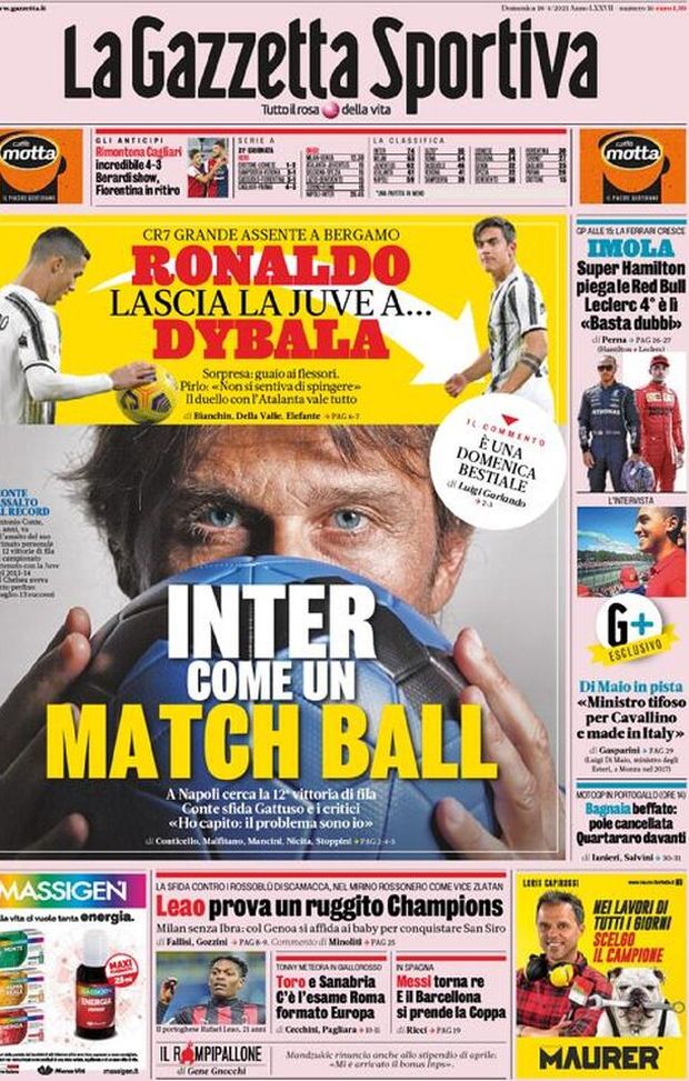  La Gazzetta dello Sport, la prima pagina di oggi, domenica 18 aprile 2021 