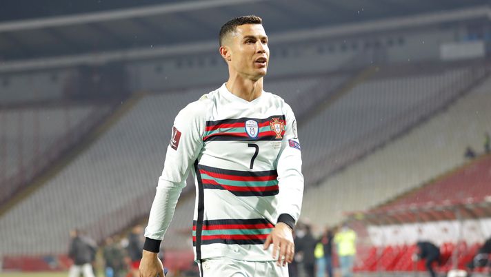 BELGRADE, SERBIA - MARCH 27: Cristiano Ronaldo of Portugal reacts during the FIFA World Cup 2022 Qatar qualifying match between Serbia and Portugal at FK Crvena Zvezda stadium on March 27, 2021 in Belgrade, Serbia. Sporting stadiums around Serbia remain under strict restrictions due to the Coronavirus Pandemic as Government social distancing laws prohibit fans inside venues resulting in games being played behind closed doors. (Photo by Srdjan Stevanovic/Getty Images) BELGRADE, SERBIA - MARCH 27: Cristiano Ronaldo of Portugal reacts during the FIFA World Cup 2022 Qatar qualifying match between Serbia and Portugal at FK Crvena Zvezda stadium on March 27, 2021 in Belgrade, Serbia. Sporting stadiums around Serbia remain under strict restrictions due to the Coronavirus Pandemic as Government social distancing laws prohibit fans inside venues resulting in games being played behind closed doors. (Photo by Srdjan Stevanovic/Getty Images)