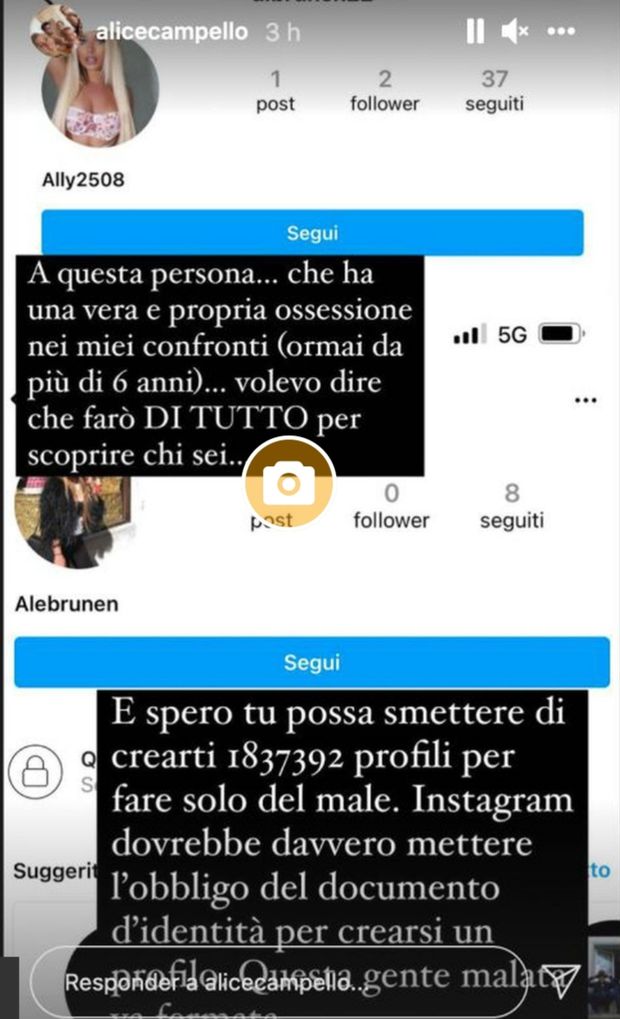 Instagram, Alice Campello si stufa e denuncia le molestie di uno dei suoi follower- immagine 2