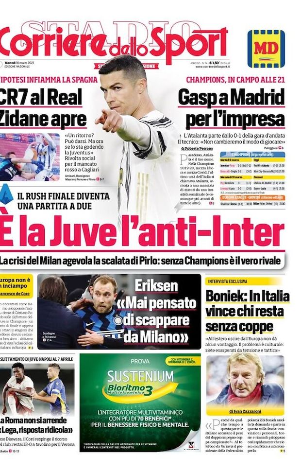 Prima Pagina, Corriere dello Sport: “È la Juve l’anti-Inter. CR7 al Real, Zidane apre” 