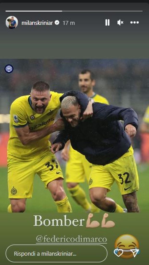 Inter, Skriniar celebra la doppietta di Dimarco e scherza con lui: “Bomber”- immagine 2