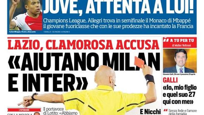 Prima Pagina, Corriere dello Sport: “Juve, attenta a Mbappé. Nicchi annuncia moviola in campo. Tragedia Targa Florio” Prima Pagina, Corriere dello Sport: “Juve, attenta a Mbappé. Nicchi annuncia moviola in campo. Tragedia Targa Florio”