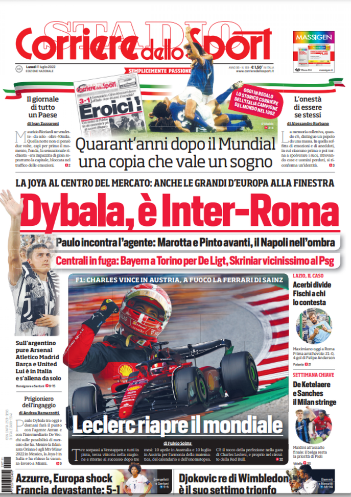 Il Corriere dello Sport, la prima pagina di oggi, lunedì 11 luglio 2022