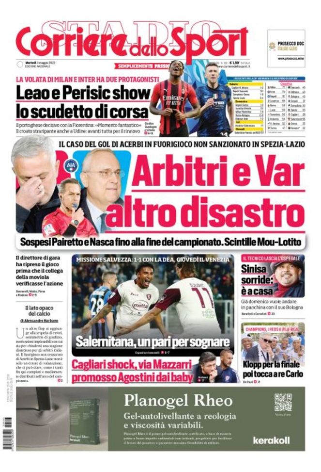 Prima Pagina, Corriere dello Sport: “Arbitri e var, disastro. Leao e Perisic show” Prima Pagina