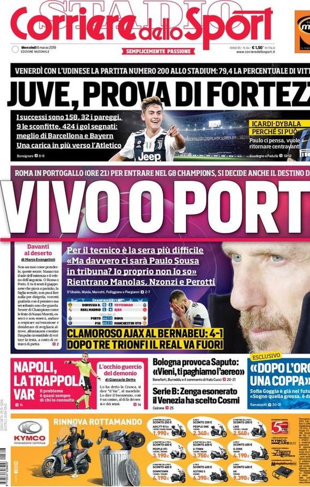 Prima Pagina, Corriere dello Sport: “Vivo o Porto. Juve, prova di fortezza. Napoli, la trappola Var…” Prima Pagina, Corriere dello Sport: “Vivo o Porto. Juve, prova di fortezza. Napoli, la trappola Var…”