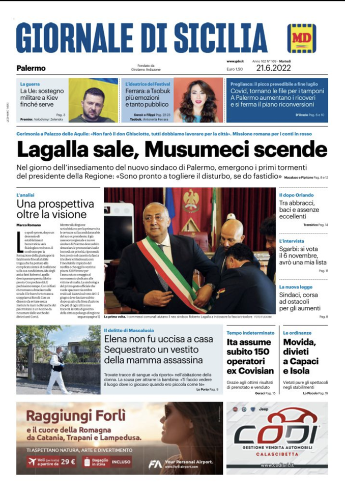 Prima Pagina, Giornale di Sicilia: “Lagalla sale, Musumeci scende. Ue, sostegno Kiev” - immagine 1