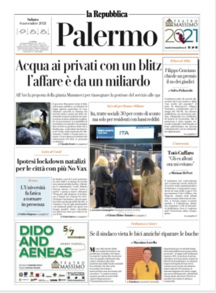 Prima Pagina, La Repubblica Palermo: “Acqua ai privati, l’affare è da un miliardo” Prima Pagina, La Repubblica Palermo: “Acqua ai privati, l’affare è da un miliardo” - immagine 1