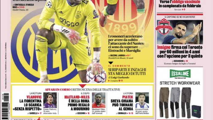 Prima Pagina, La Gazzetta dello Sport: “Mercatone derby. Insigne firma col Toronto” prima pagina