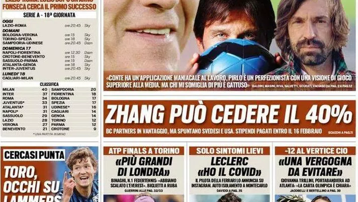 Prima pagina, Tuttosport: “Inter-Juve, il derby dei miei figli. Zhang può cedere il 40%&#8221;