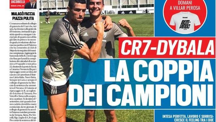 Prima Pagina, Tuttosport: “La coppia dei campioni. B come Baraonda. Il Coni riapre il caso Frosinone-Palermo…”  Prima Pagina, Tuttosport: “La coppia dei campioni. B come Baraonda. Il Coni riapre il caso Frosinone-Palermo…”