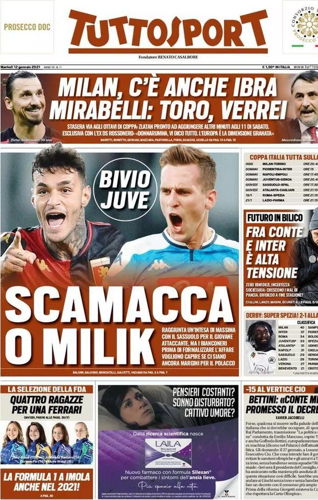 Tuttosport, la prima pagina di oggi, martedì 12 gennaio 2021