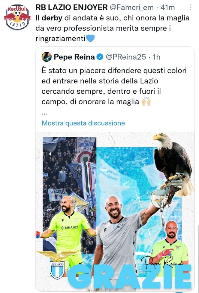 Lazio, Pepe Reina ai saluti: i tifosi “Tu, eroe del derby d’andata…”- immagine 2