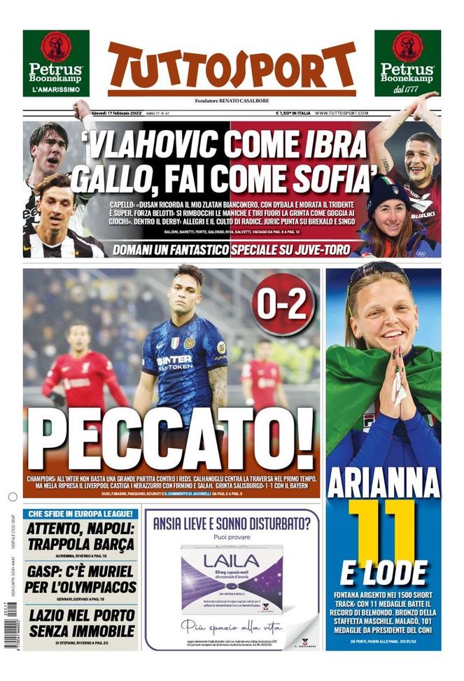Prima Pagina, Tuttosport: “Peccato! Vlahovic come Ibra. Gallo, fai come Sofia” - immagine 1