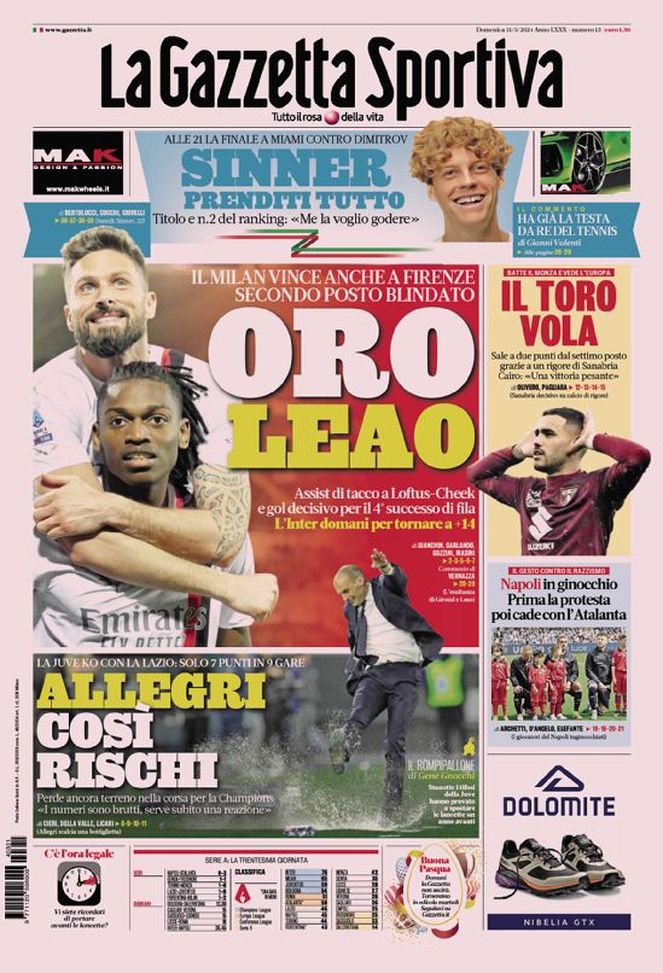 Prima Pagina Gazzetta Dello Sport Milan Oro Leao Pianeta Milan