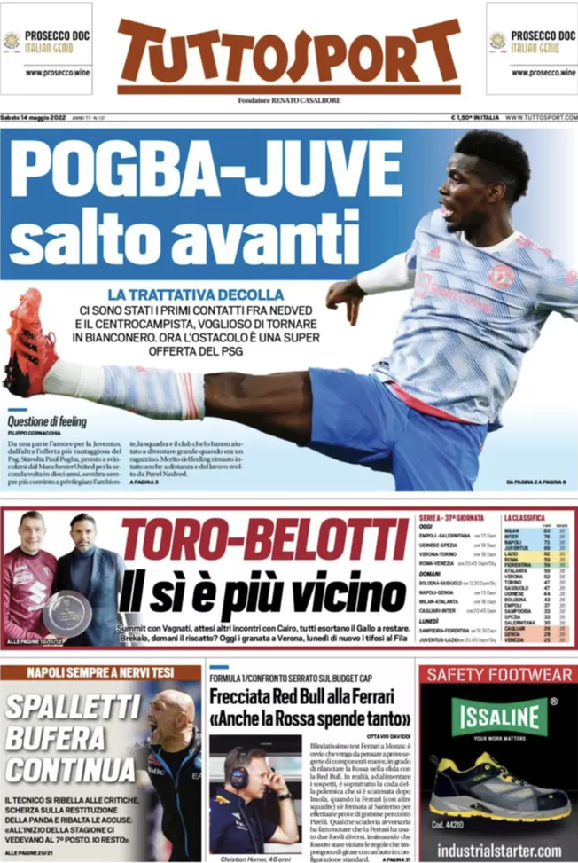 Prima Pagina, Tuttosport: “Pogba-Juve, salto avanti. Spalletti, bufera continua”  prima pagina
