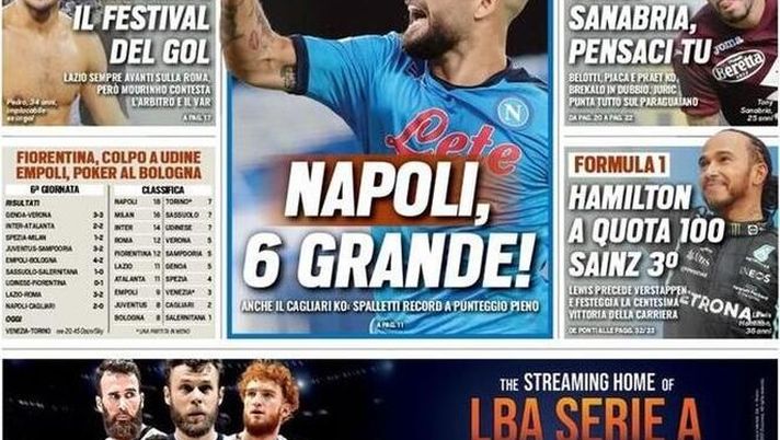 Prima Pagina, Tuttosport: “Mai una Joya! Napoli 6 grande” 