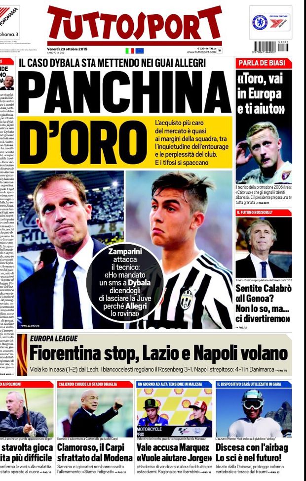 Prima Pagina, Tuttosport: “Dybala mette nei guai Allegri, Zamparini manda un messaggio a Paulo. Napoli strepitoso in Europa League”  Prima Pagina, Tuttosport: “Dybala mette nei guai Allegri, Zamparini manda un messaggio a Paulo. Napoli strepitoso in Europa League”