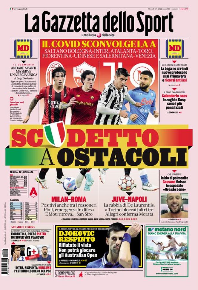 Prima Pagina, La Gazzetta dello Sport: “Scudetto a ostacoli. Il Covid sconvolge la A” - immagine 1