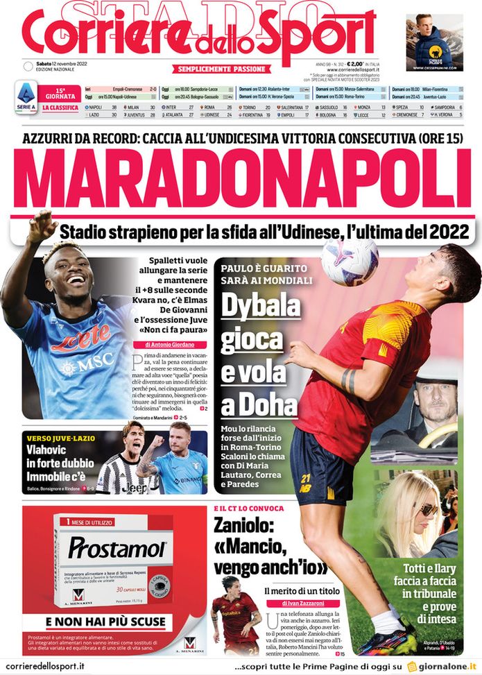 Prima pagina Corriere dello Sport 12/11/2022