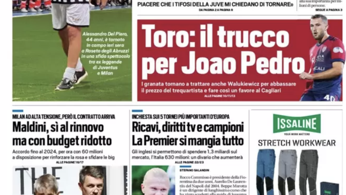 Prima Pagina, Tuttosport: “Toro, trucco per Joao Pedro. Maldini, si al rinnovo” prima pagina