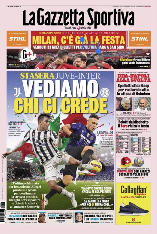 Prima Pagina, La Gazzetta dello Sport: “Stasera Juve-Inter. Vediamo chi ci crede”  Prima Pagina, La Gazzetta dello Sport: “Stasera Juve-Inter. Vediamo chi ci crede” - immagine 1
