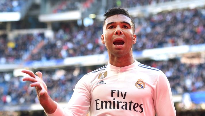 MADRID, SPAIN - FEBRUARY 17:  Casemiro of Real Madrid celebrates after scoring his team's first goal during the La Liga match between Real Madrid CF and Girona FC at Estadio Santiago Bernabeu on February 17, 2019 in Madrid, Spain.  (Photo by Denis Doyle/Getty Images)  Real Madrid