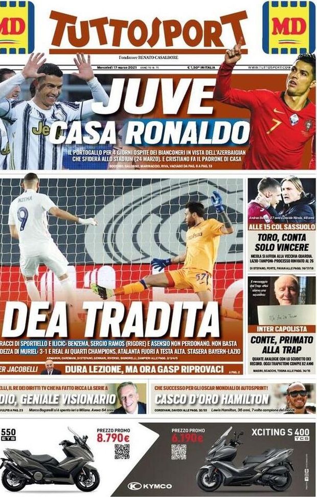 Prima Pagina, Tuttosport: “Juve, casa Ronaldo. Dea tradita. Toro, conta solo vincere. Conte, primato alla Trap” Prima Pagina, Tuttosport: “Juve, casa Ronaldo. Dea tradita. Toro, conta solo vincere. Conte, primato alla Trap”