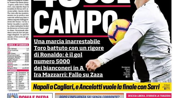 Prima Pagina, Corriere dello Sport: &#8220;46 sul campo. Marotta brinda al Var. Roma e Di Fra senza appello&#8230;&#8221; 