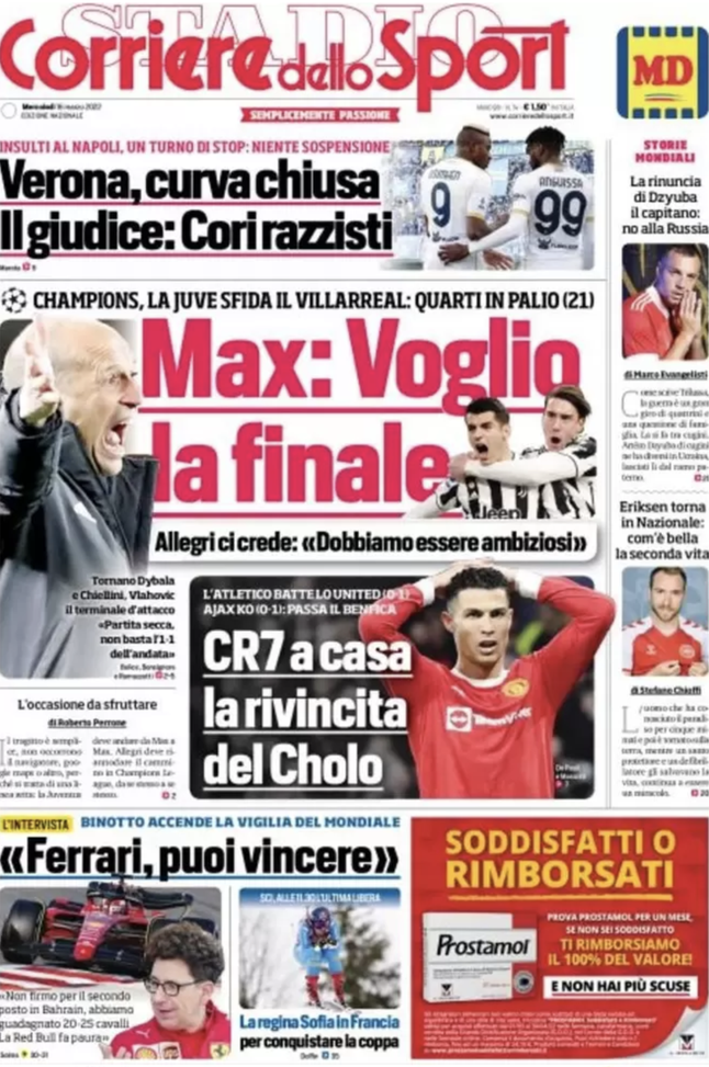 Prima Pagina, Corriere dello Sport: “Max, voglio la finale. CR7 a casa”  prima pagina
