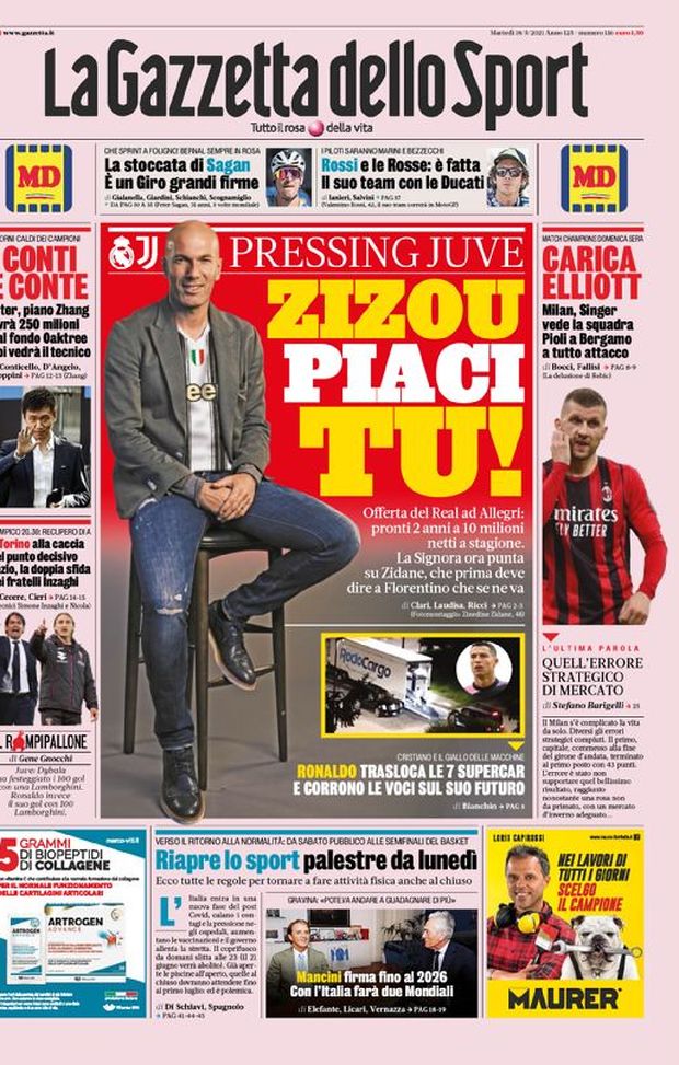 Prima Pagina, La Gazzetta dello Sport: “Zizou, piaci tu! Pressing Juve. I conti e Conte. Carica Elliott” Prima Pagina, La Gazzetta dello Sport: “Zizou, piaci tu! Pressing Juve. I conti e Conte. Carica Elliott”