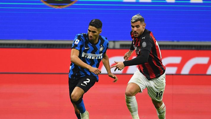MILAN, ITALY - OCTOBER 17: Achraf Hakimi of FC Internazionale competes for the ball with Theo Hernandez of AC Milan during the Serie A match between FC Internazionale and AC Milan at Stadio Giuseppe Meazza on October 17, 2020 in Milan, Italy. (Photo by Claudio Villa - Inter/Inter via Getty Images) MILAN, ITALY - OCTOBER 17: Achraf Hakimi of FC Internazionale competes for the ball with Theo Hernandez of AC Milan during the Serie A match between FC Internazionale and AC Milan at Stadio Giuseppe Meazza on October 17, 2020 in Milan, Italy. (Photo by Claudio Villa - Inter/Inter via Getty Images)