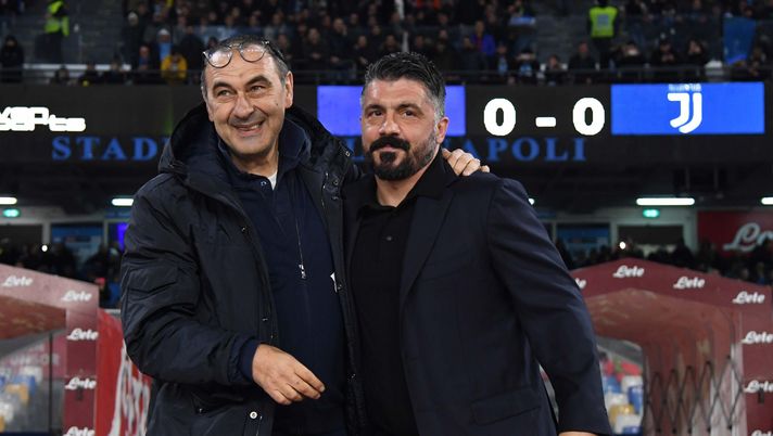 NAPLES, ITALY - JANUARY 26: Gennaro Gattuso , Maurizio Sarri during the Serie A match between SSC Napoli and  Juventus at Stadio San Paolo on January 26, 2020 in Naples, Italy.  (Photo by SSC NAPOLI/SSC NAPOLI via Getty Images) 