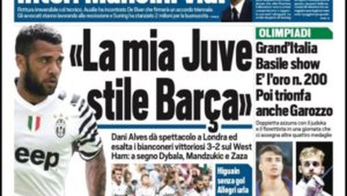 Prima Pagina, Tuttosport: &#8220;Dani Alves e la Juve come il suo Barcellona&#8221; 