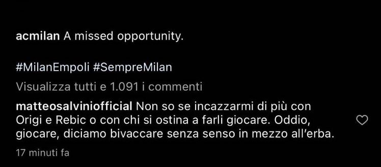 Milan-Empoli, Salvini: “Origi e Rebic hanno bivaccato in mezzo all’erba”- immagine 2