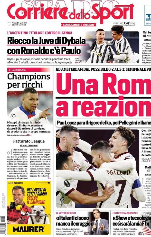  La prima pagina del 'Corriere dello Sport', in edicola oggi 9 aprile 2021 