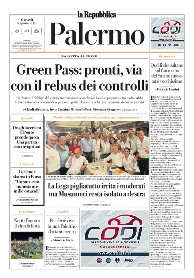 Prima Pagina, La Repubblica-Palermo: “Green Pass: pronti, via con il rebus controlli” 
