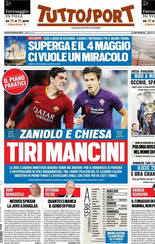 Prima Pagina, Tuttosport: “Zaniolo e Chiesa, tiri Mancini. Ilicic 2022. Rigore Caicedo, la Lazio…” Prima Pagina, Tuttosport: “Zaniolo e Chiesa, tiri Mancini. Ilicic 2022. Rigore Caicedo, la Lazio…”