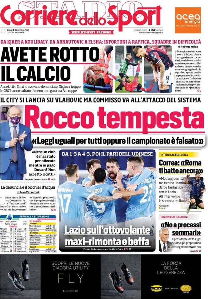 Prima Pagina, Corriere dello Sport: “Avete rotto il calcio. Commisso in tempesta”  Prima Pagina