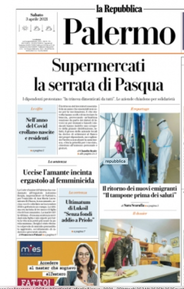 Prima Pagina, La Repubblica Palermo: &#8220;Supermercati, la serrata di Pasqua&#8221; 