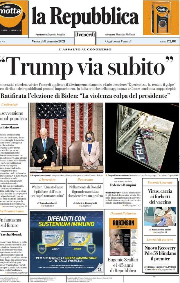 Prima Pagina, La Repubblica: &#8220;Via Trump, ratificata elezione Biden. Virus, caccia ai furbi del vaccino&#8221; 