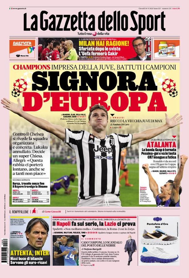 Prima Pagina, La Gazzetta dello Sport: “Signora d’Europa. Attenta, Inter” 