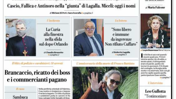 Prima Pagina, La Repubblica-Palermo: ”La Sicilia spacca il centro-destra, Lagalla…” prima pagina