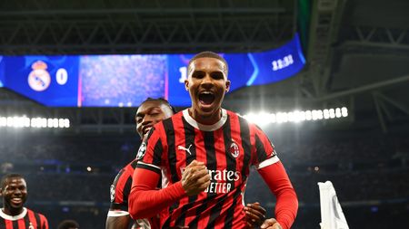 MADRID, SPAIN - NOVEMBER 05: Malik Thiaw of AC Milan celebrates after scoring the opening goal during the UEFA Champions League 2024/25 League Phase MD4 match between Real Madrid C.F. and AC Milan at Estadio Santiago Bernabeu on November 05, 2024 in Madrid, Spain. (Photo by Giuseppe Cottini/AC Milan via Getty Images)