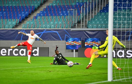 Il Lipsia in gol contro il Manchester United (Photo by Stuart Franklin/Getty Images) Il Lipsia in gol contro il Manchester United (Photo by Stuart Franklin/Getty Images)