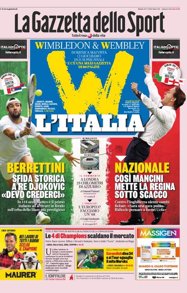 Prima Pagina, Gazzetta dello Sport: “W l’Italia! Wimbledon e Wembley” 